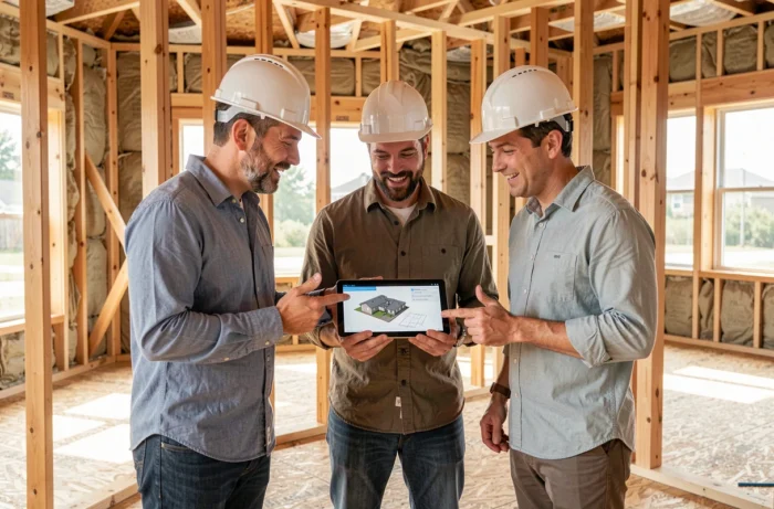 Équipe d'architectes et d'entrepreneurs collaborant sur des plans 3D à l'intérieur d'une structure en bois en cours de construction
