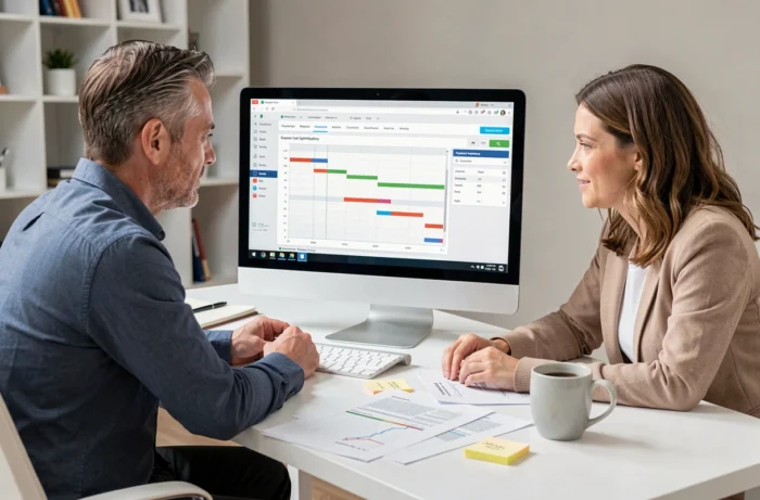Deux professionnels de l'immobilier analysant ensemble un logiciel d'optimisation des coûts de construction sur ordinateur