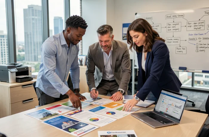 Équipe de professionnels en réunion analysant des impressions couleur dans un bureau moderne avec solution de gestion de flotte d'imprimantes