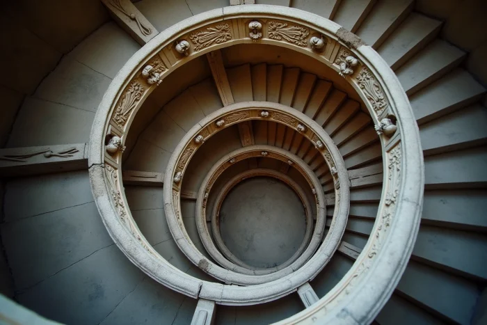 Escalier double hélice du château de Chambord vu de bas en haut, détail architectural attribué à Léonard de Vinci