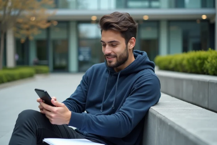 Étudiant consultant une offre de prêt étudiant MAIF sur son smartphone sur un campus universitaire