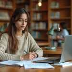 Étudiante consultant un dossier de prêt étudiant MAIF dans une bibliothèque universitaire