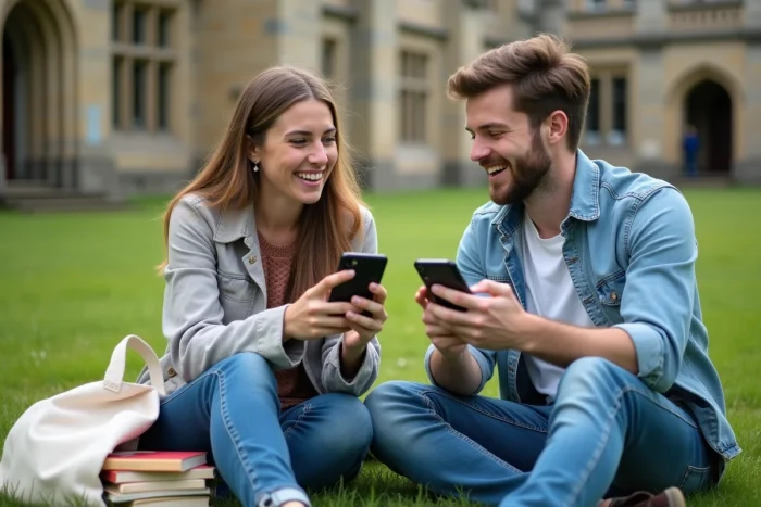 Deux étudiants pratiquant le français oral ensemble via une application mobile sur un campus universitaire
