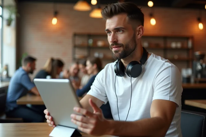 Homme adulte étudiant le vocabulaire français sur une tablette dans un café urbain moderne