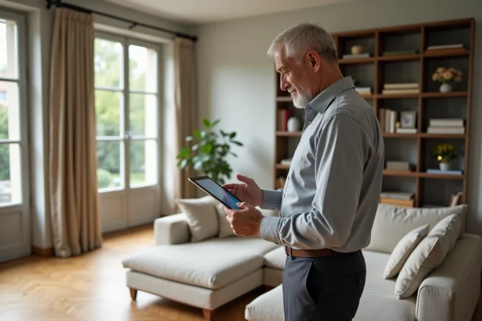 Expert immobilier effectuant une estimation en photographiant l'intérieur d'une maison avec une tablette