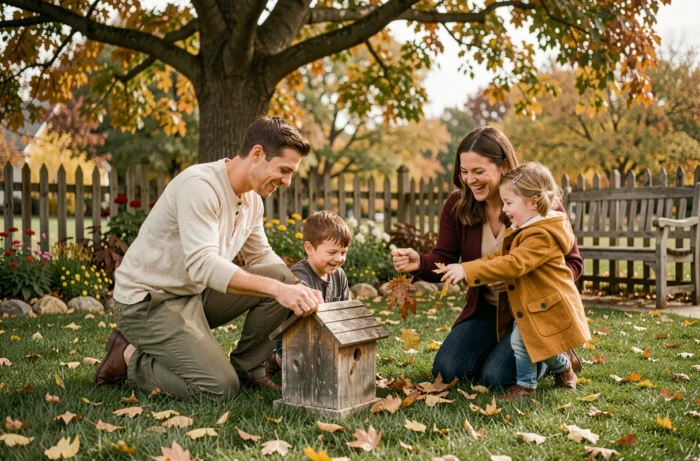 Famille heureuse jouant ensemble dans un jardin en automne, moment de bonheur partagé en plein air