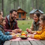 Famille de quatre préparant un pique-nique en forêt