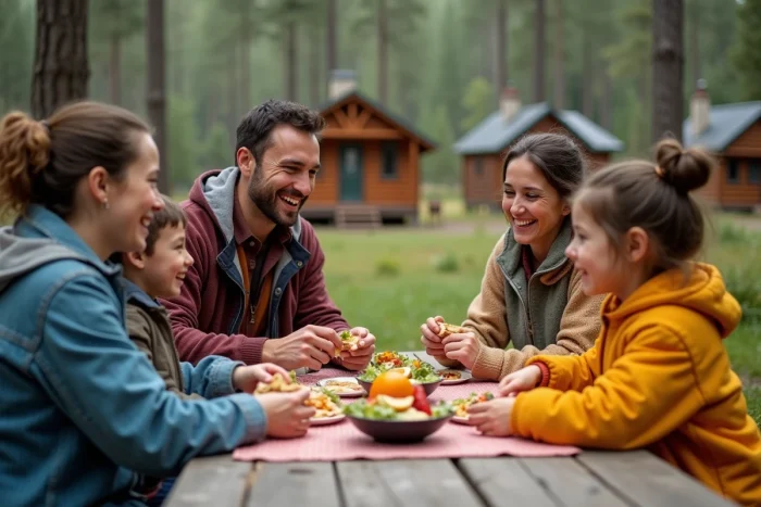 Famille de quatre préparant un pique-nique en forêt