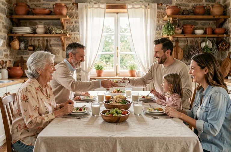 Famille multigénérationnelle réunie autour d'un repas convivial dans une cuisine de campagne française