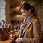 Femme élégante explorant des accessoires tendance comme sacs en cuir et bijoux dorés dans une boutique parisienne