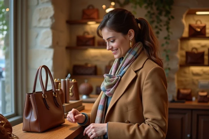 Femme élégante explorant des accessoires tendance comme sacs en cuir et bijoux dorés dans une boutique parisienne