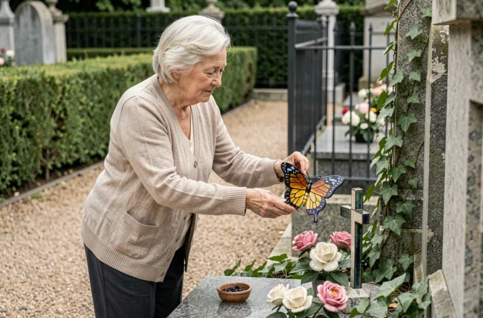Femme âgée déposant un ornement en céramique peint à la main en forme de papillon sur une tombe familiale dans un cimetière urbain soigné