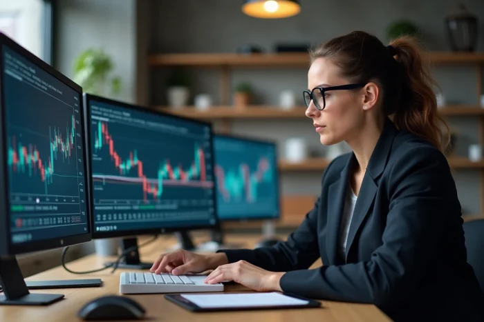 Femme analyste consultant des données boursières et des actualités économiques sur un grand écran