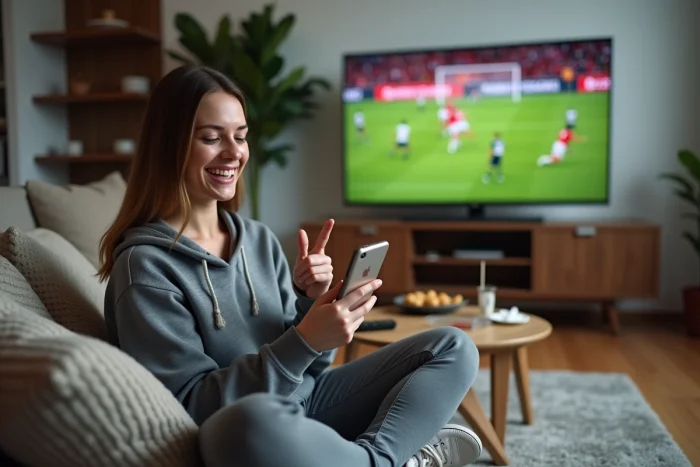 Femme souriante utilisant une application de sport en ligne sur smartphone dans un salon cosy