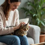 Femme caressant un chat tigré dans un salon cosy