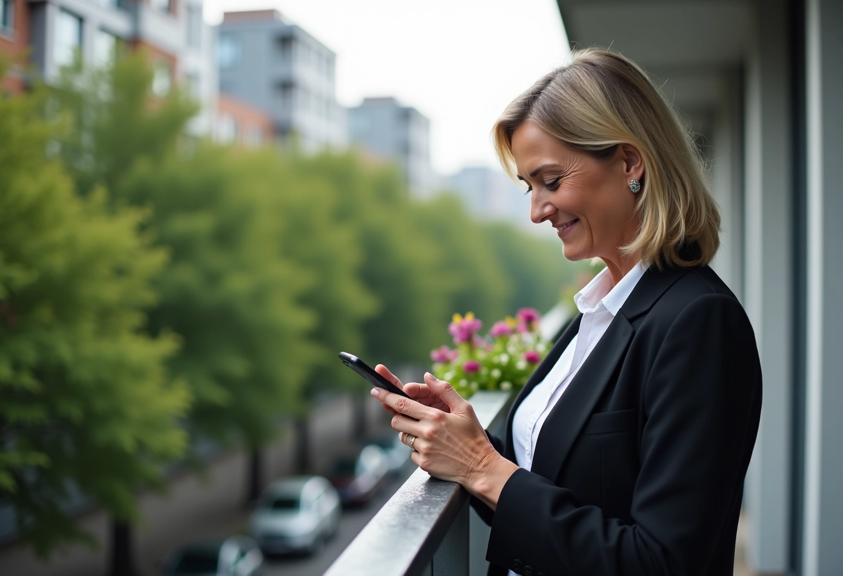 Femme mature souriante vérifiant ses emails sur son smartphone sur le balcon