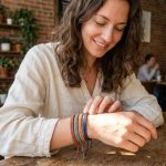 Femme portant des bracelets en cordon colorés au poignet dans un café urbain tendance