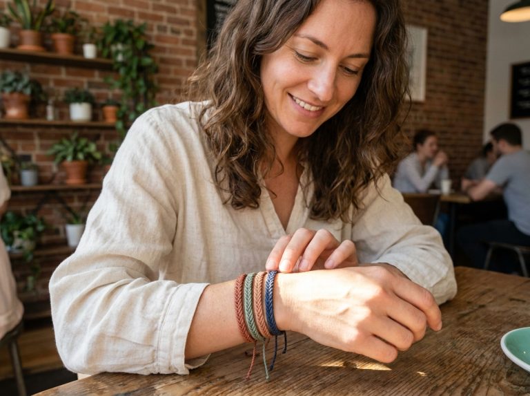 Femme portant des bracelets en cordon colorés au poignet dans un café urbain tendance