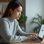 Femme en pull gris concentrée face à un écran d'ordinateur affichant une erreur de connexion sur My Arkevia