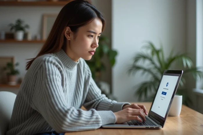 Femme en pull gris concentrée face à un écran d'ordinateur affichant une erreur de connexion sur My Arkevia