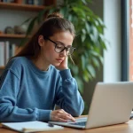 Jeune femme concentrée travaillant à son bureau cosy