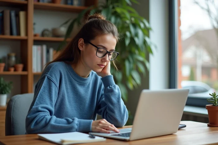 Jeune femme concentrée travaillant à son bureau cosy
