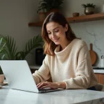 Femme élégante travaillant sur un ordinateur dans une cuisine moderne