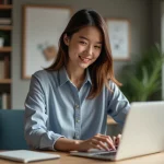 Jeune femme au bureau à domicile en tenue casual