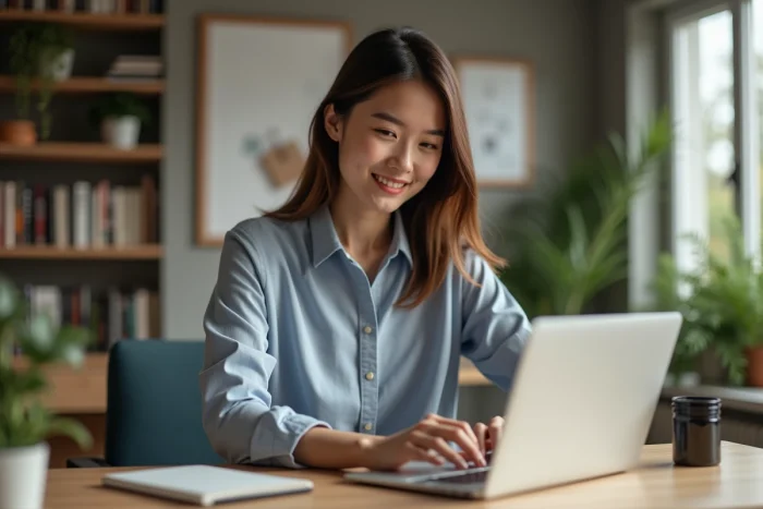 Jeune femme au bureau à domicile en tenue casual