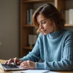 Femme d'âge moyen travaillant sur son ordinateur dans un bureau à domicile