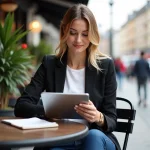 Femme en blazer lisant des actualites en cafe