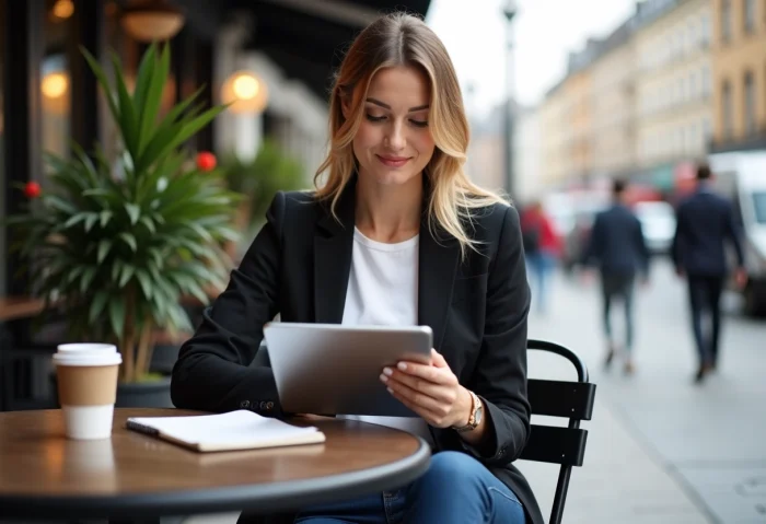 Femme en blazer lisant des actualites en cafe