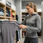 Femme choisissant des vêtements de sport dans un magasin d'équipements sportifs