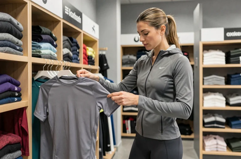 Femme choisissant des vêtements de sport dans un magasin d'équipements sportifs