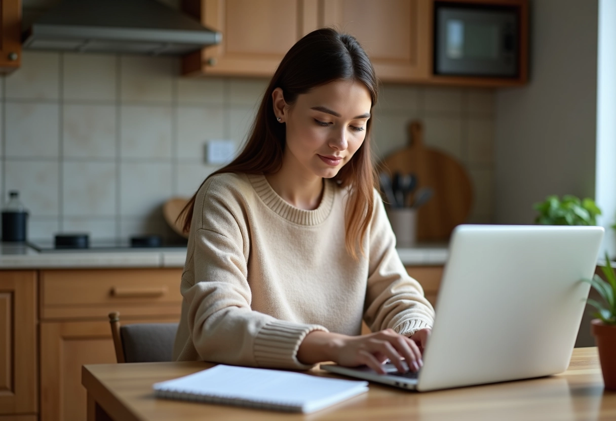 Femme détendue travaillant à la maison avec ordinateur