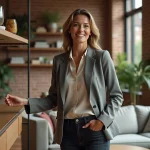 Femme en blazer arrangeant des objets dans un salon moderne
