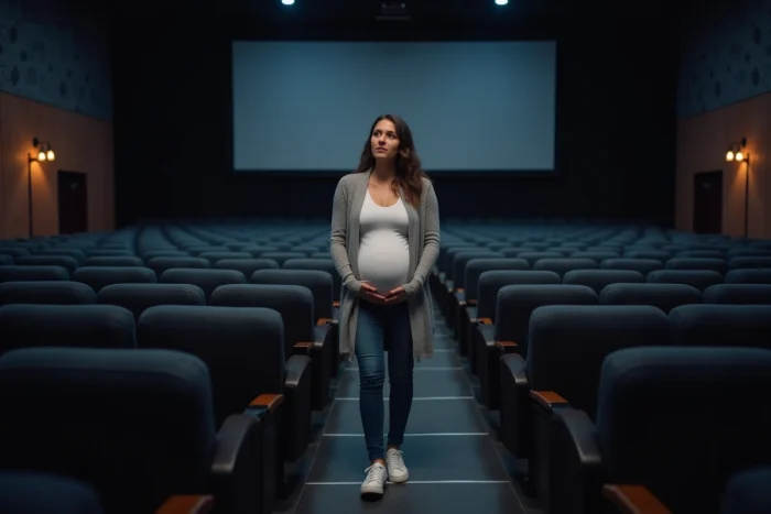 Femme enceinte choisissant soigneusement sa place dans une salle de cinéma spacieuse pour plus de confort