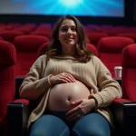 Femme enceinte installée confortablement dans un fauteuil de cinéma avec du popcorn, la main posée sur son ventre