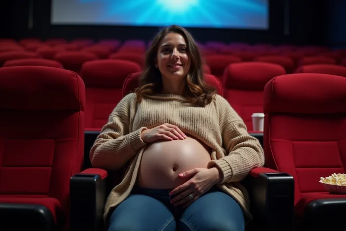 Femme enceinte installée confortablement dans un fauteuil de cinéma avec du popcorn, la main posée sur son ventre