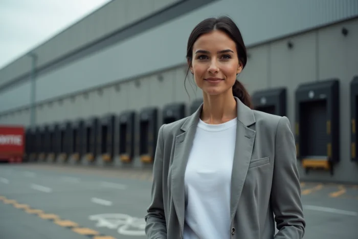 Femme devant un entrepôt de mode en ligne symbolisant l'univers de la marque Zalando et son histoire