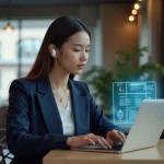 Jeune femme avec blazer et écouteurs holographiques