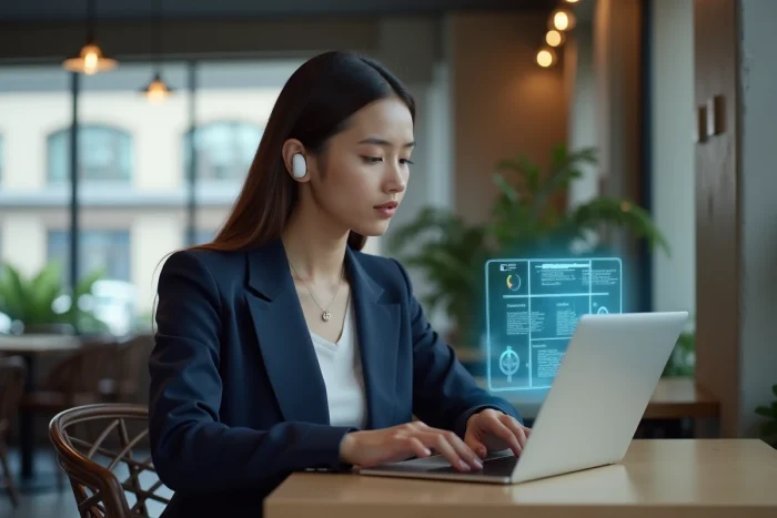 Jeune femme avec blazer et écouteurs holographiques