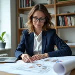 Femme professionnelle analysant des documents immobiliers et des plans architecturaux dans un bureau moderne pour préparer un investissement immobilier