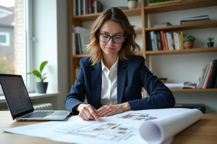 Femme professionnelle analysant des documents immobiliers et des plans architecturaux dans un bureau moderne pour préparer un investissement immobilier