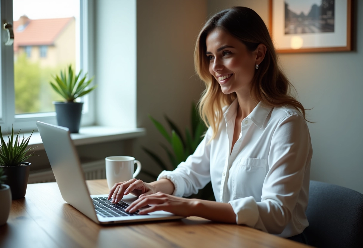Femme regardant une annonce de voiture sur son ordinateur à la maison