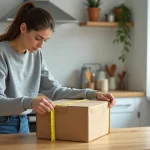 Femme mesurant un colis carton avec un mètre ruban pour vérifier les dimensions maximales Mondial Relay