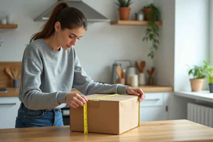 Femme mesurant un colis carton avec un mètre ruban pour vérifier les dimensions maximales Mondial Relay