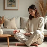Jeune femme en salon minimaliste arrangeant un vase