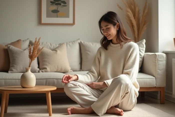 Jeune femme en salon minimaliste arrangeant un vase