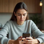 Femme regardant un numéro de téléphone inconnu sur son smartphone dans une cuisine moderne